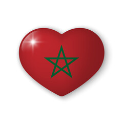 3d heart with flag of Morocco. Glossy realistic vector element on white background with shadow underneath. Best for mobile apps, UI and web design.