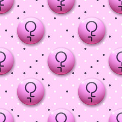 Female gender symbols. Vector seamless pattern. Realistic glossy 3d elements on pink dotted background. Best for textile, wallpapers, wrapping paper, package and festive decoration.