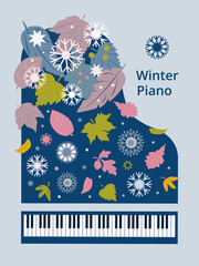Artistic winter poster with blue piano leaves, snowflakes and text, on a light gray-blue  background. Modern geometric style. For music magazines; banners; banners; invitation cards