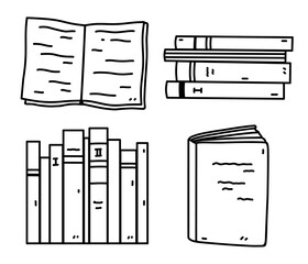 Set with stacks of books and textbooks isolated on white background. School supplies. Vector hand-drawn illustration in doodle style. Perfect for logo, decorations, various designs.