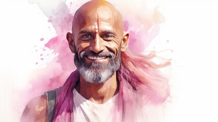 Smiling Adult Indian Man with Pink Straight Hair Watercolor Illustration. Portrait of Casual Person on white background with copy space. Photorealistic Ai Generated Horizontal Illustration.