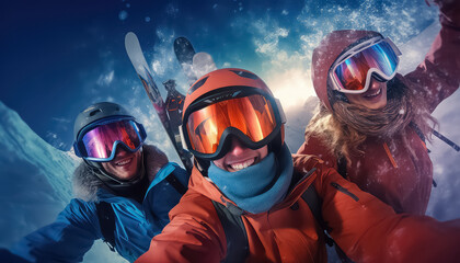 Selfie friends together at a ski resort