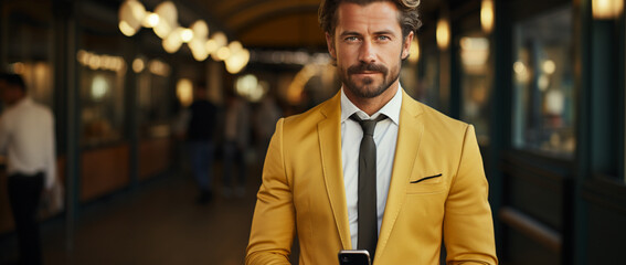 Erfolgreicher Geschäftsmann im gelben Anzug und Smartphone