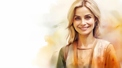 Smiling Adult Indian Woman with Blond Straight Hair Watercolor Illustration. Portrait of Casual Person on white background with copy space. Photorealistic Ai Generated Horizontal Illustration.
