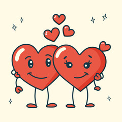 Retro groovy red hearts characters. Two loving hearts hug each other. Retro valentines day. Trendy 60s, 70s, 80s style.	