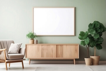 modern living room, Inviting Spring Vibes: A Cozy Living Room with Mock-up Poster Frame, Wooden Sideboard, White Sofa, Greenery, Plants, and Stylish Lamp, Perfect for Home Decor Inspiration.