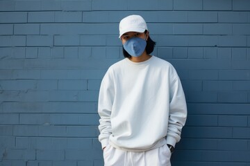 Person Wearing Face Mask in Front of Blue Wall