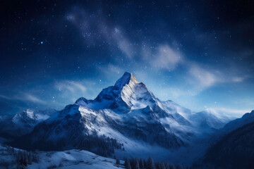 Alpine Splendor: Starlit Night Over Snowy Mountain