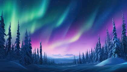 Beautiful aurora borealis over the forest in winter