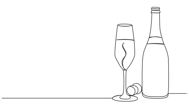 animated continuous single line drawing of bottle of sparkling wine and champagne glass, line art animation