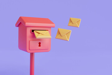 Postbox with mail envelope. Mail delivery, Mailbox, Post office, Sent mail message, Incoming mail, Paper plane, Message, Mail icon, Newsletter. Minimal cartoon. 3d minimal rendering illustration