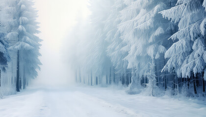Beautiful winter forest landscape with frost on the trees
