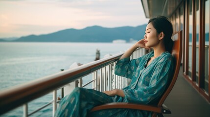 Beautiful Asian woman posing on a yacht