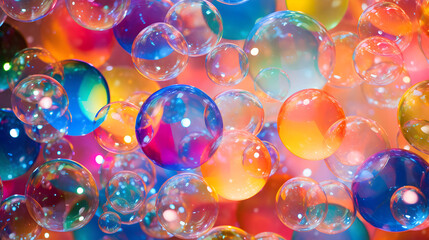 Picture a captivating background filled with countless translucent bubbles, gleaming and shimmering under a soft light. 
