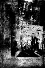 	
Silhouettes of Ghost Zombie hands over graves. Grunge rough texture. Halloween party. Gothic style black and white illustration
