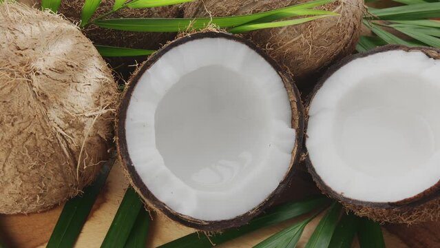 Fresh opened coconuts along with coconut а, slices and coconut leaves are slowly rotating on a wooden table. Nice fruit background for your projects. 