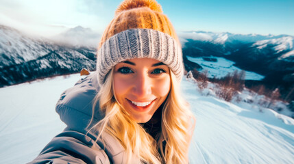 Happy woman posing for winter selfie on a ski resort. Sport and healthy lifestyle concept. AI Generated - obrazy, fototapety, plakaty