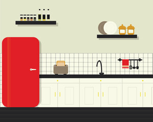 Retro kitchen design flat. Stylish cozy kitchen with a red fridge, toaster, spices and dishes. Vector illustration