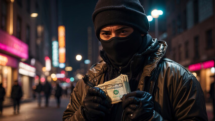 A successful robber celebrates his robbery with his loot in his hands - obrazy, fototapety, plakaty
