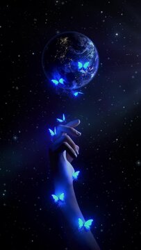 Celestial Embrace: Hand Touching Earth with Luminous Butterflies