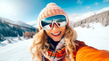 Fototapeta na wymiar Happy woman posing for winter selfie on a ski resort. Sport and healthy lifestyle concept. AI Generated