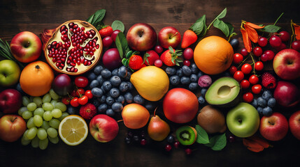 Mix of fresh, juicy, ripe fruit and berries on a dark wooden surface. Oranges, apples, grapes, kiwi, pomegranate and blueberries. Concept of healthy eating, diet rich in vitamins and antioxidants