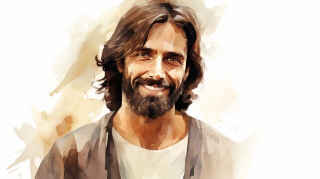 Smiling Adult Persian Man with Brown Straight Hair Watercolor Illustration. Portrait of Casual Person on white background with copy space. Photorealistic Ai Generated Horizontal Illustration.