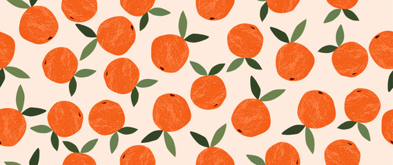 Vector seamless background. Fruit bright pattern. Print of orange oranges with leaves on a light background. Ideal for gift wrapping, textile design, screensavers, covers, cards and invitations.