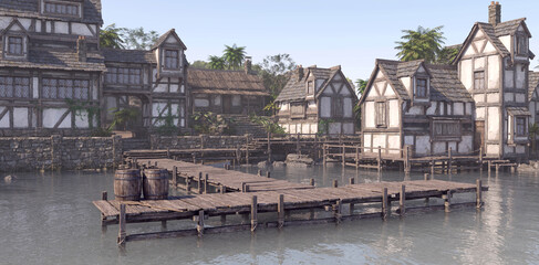 A medieval village surrounded by palm trees and a wooden pier on the ocean. Photorealistic 3D...