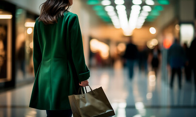 Woman with a shopping back walking inside of a mall. Shallow field of view with copy space.