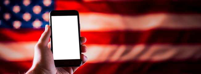 Hand holding a Smartphone with transparent cut out set against the stars and stripes, flag of the USA. shallow field of view.