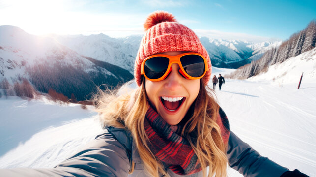 Happy woman posing for winter selfie on a ski resort. Sport and healthy lifestyle concept. AI Generated