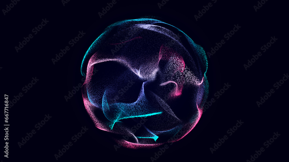 Poster Collection of bright dots on a dark background. Abstract sound wave of particles. Data network. 3D rendering.