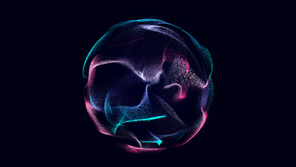 Collection of bright dots on a dark background. Abstract sound wave of particles. Data network. 3D rendering.