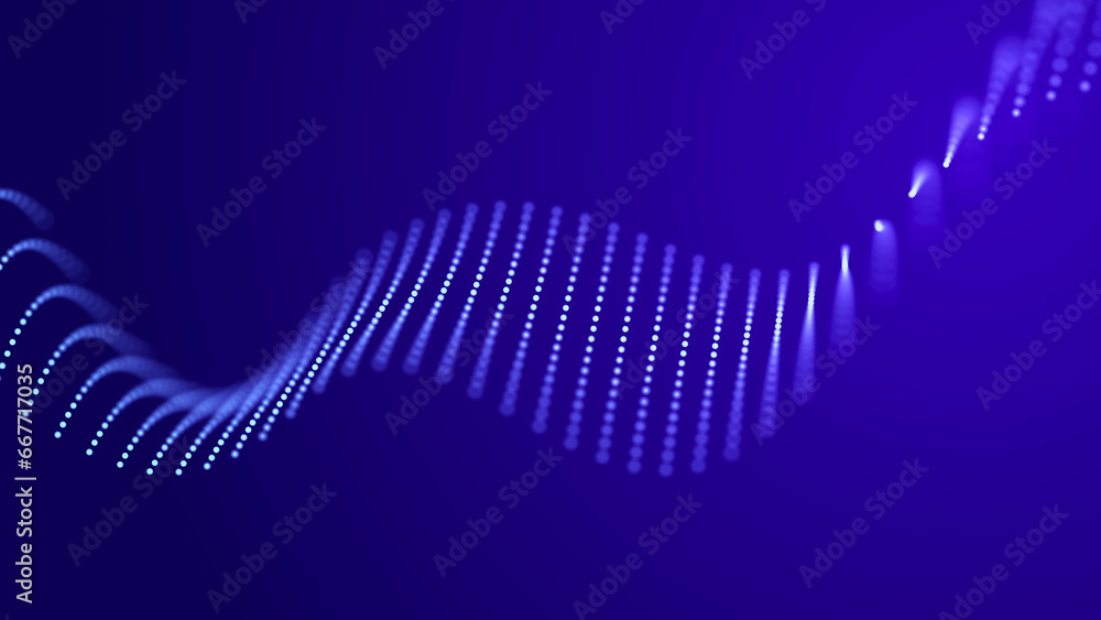 Poster futuristic wave of dots with moving particles. abstract technology background. 3d visualization of b