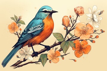 Bird on Branch with Colorful Flowers