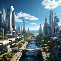 Generative AI,Futuristic city landscape with high-rise buildings and roads.
