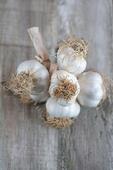 bunch of garlic on a wooden table