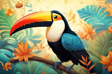 Naklejka premium Colorful Toucan Perched on Branch in a Vibrant, Tropical Rainforest