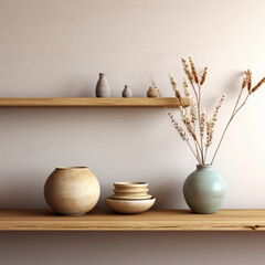 Fototapeta na wymiar Generative AI,Interior of modern living room with wooden shelf, vases and plants
