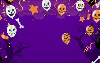 Happy Halloween banner trick party balloons,  ghost, bats, Party invitation background  Vector illustration