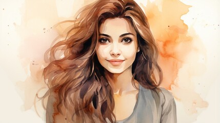 Smiling Adult Persian Woman with Brown Straight Hair Watercolor Illustration. Portrait of Casual Person on white background with copy space. Photorealistic Ai Generated Horizontal Illustration.