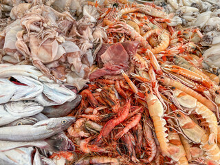 raw seafood background with fresh jumbo shrimps and fish