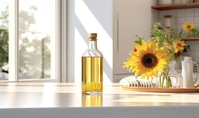 bottle of sunflower oil in the white light kitchen with wooden facades and appliances - obrazy, fototapety, plakaty