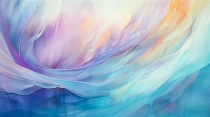 Blue dreamy pastel watercolor flowing waves backdrop., Purple, orange, yellow soft painted wavy folds. Abstract art luxury color wave background. Silk drape waves background for banner copy space
