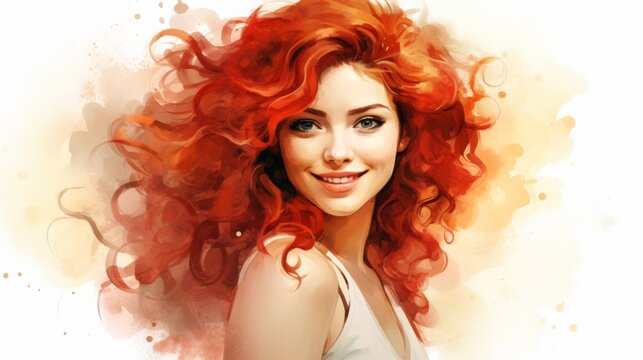 Smiling Adult Persian Woman with Red Curly Hair Watercolor Illustration. Portrait of Casual Person on white background with copy space. Photorealistic Ai Generated Horizontal Illustration.