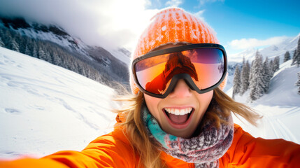 Happy woman posing for winter selfie on a ski resort. Sport and healthy lifestyle concept. AI...