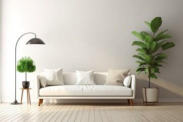 Modern living space with white sofa, floor lamp, and green plant on wooden laminate. Scandinavian style, cozy interior. Stylish room mockup. 3D render. Generative AI