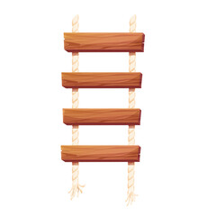 Wooden ladder with rope, planks hanging, staircase in cartoon style isolated on white background, Bridge, game road. © Alyona