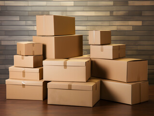 A collection of stacked cardboard boxes in various sizes, ready for shipping, storage, or relocation.